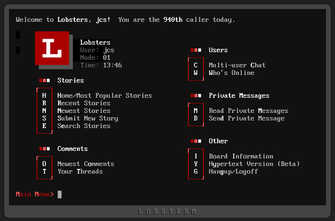 screenshot of lobsters BBS menu with various options