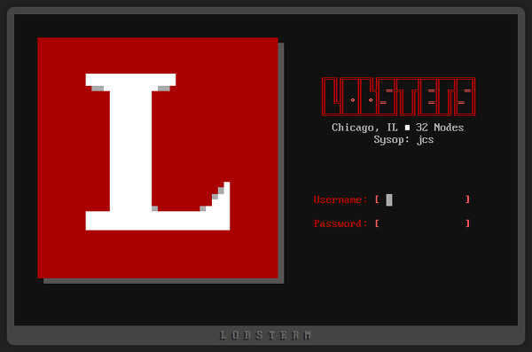 screenshot of lobsters BBS login terminal