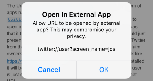 screenshot of iOS warning dialog asking to open in external app