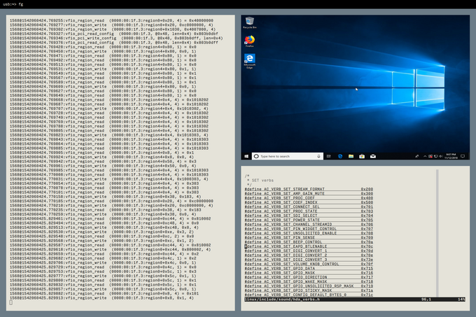 screenshot of linux showing terminal windows and virtualized windows 10