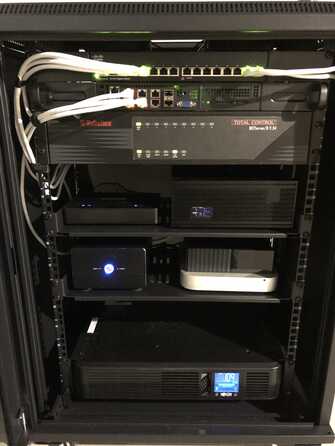 home rack with various network equipment mounted inside